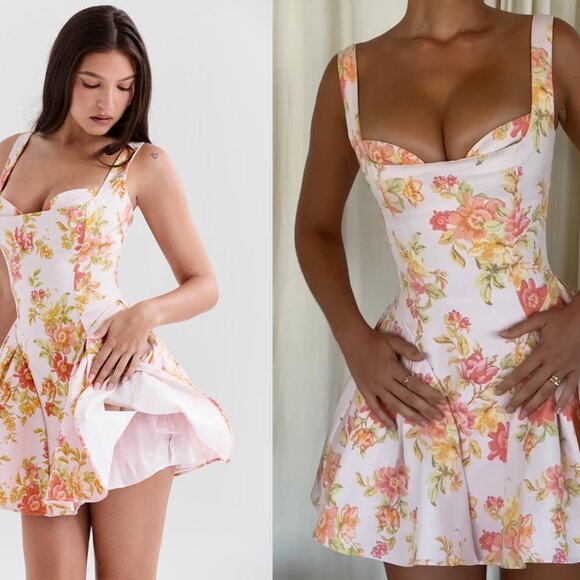 HOUSE OF CB 'Bunny' Peach Poppy Print Twill Mini Dress NWOT - Picture 2 of 4